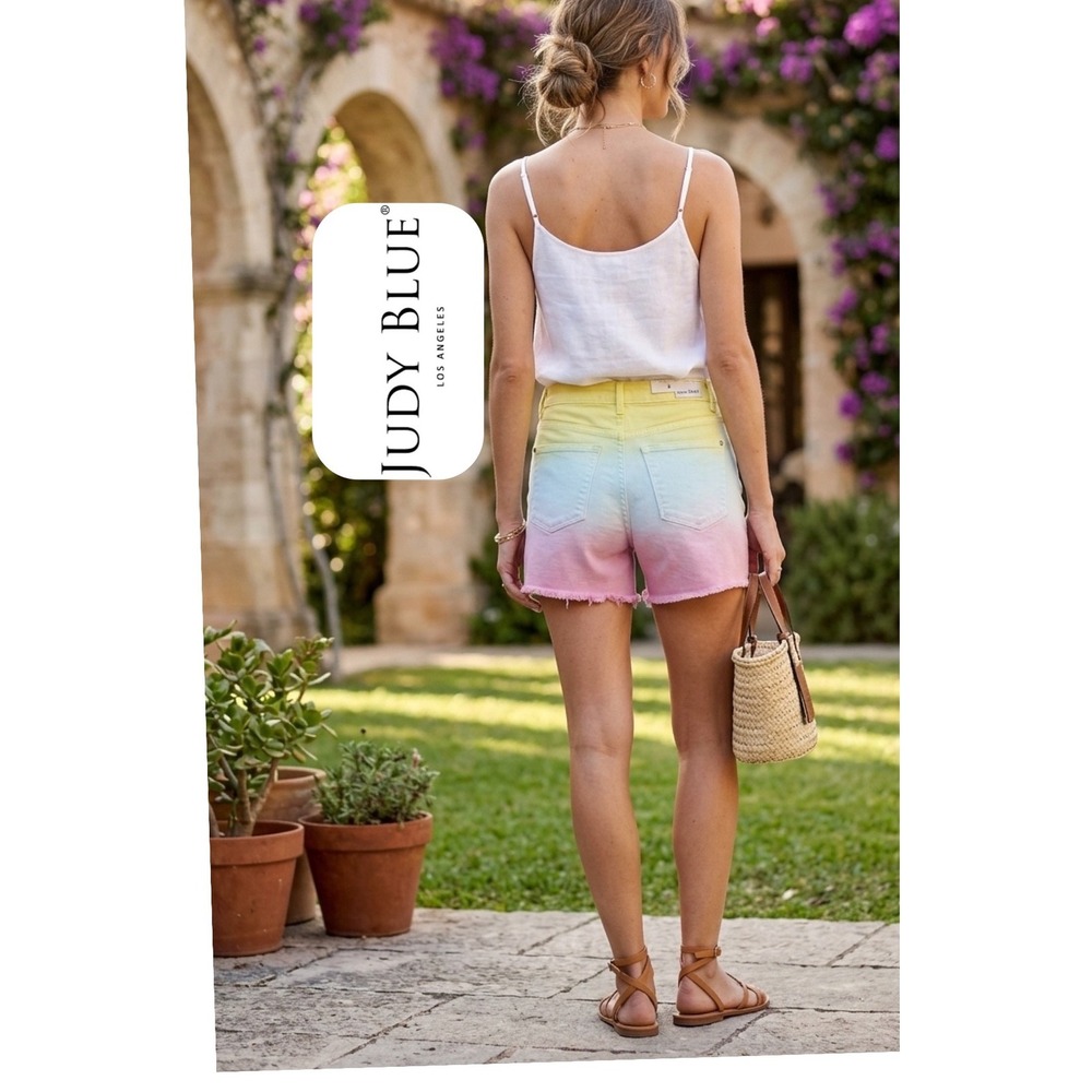 Judy Blue Ombre Sunset Denim Shorts Yellow Pink High Waist Frayed JB150084 S